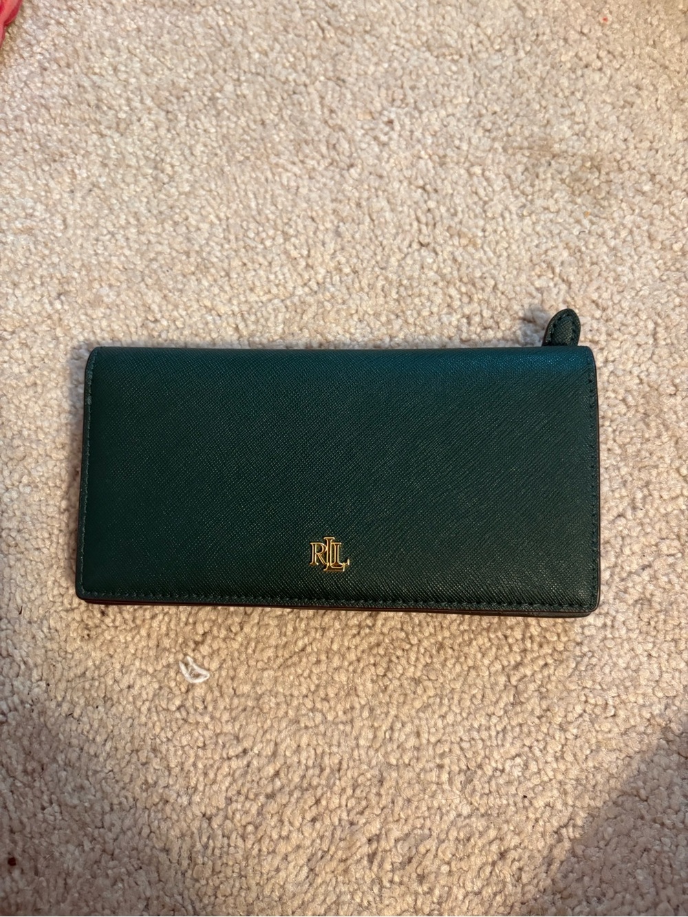 Ralph Lauren Dark Green Saffiano Leather Zip Wallet with Gold RL Logo